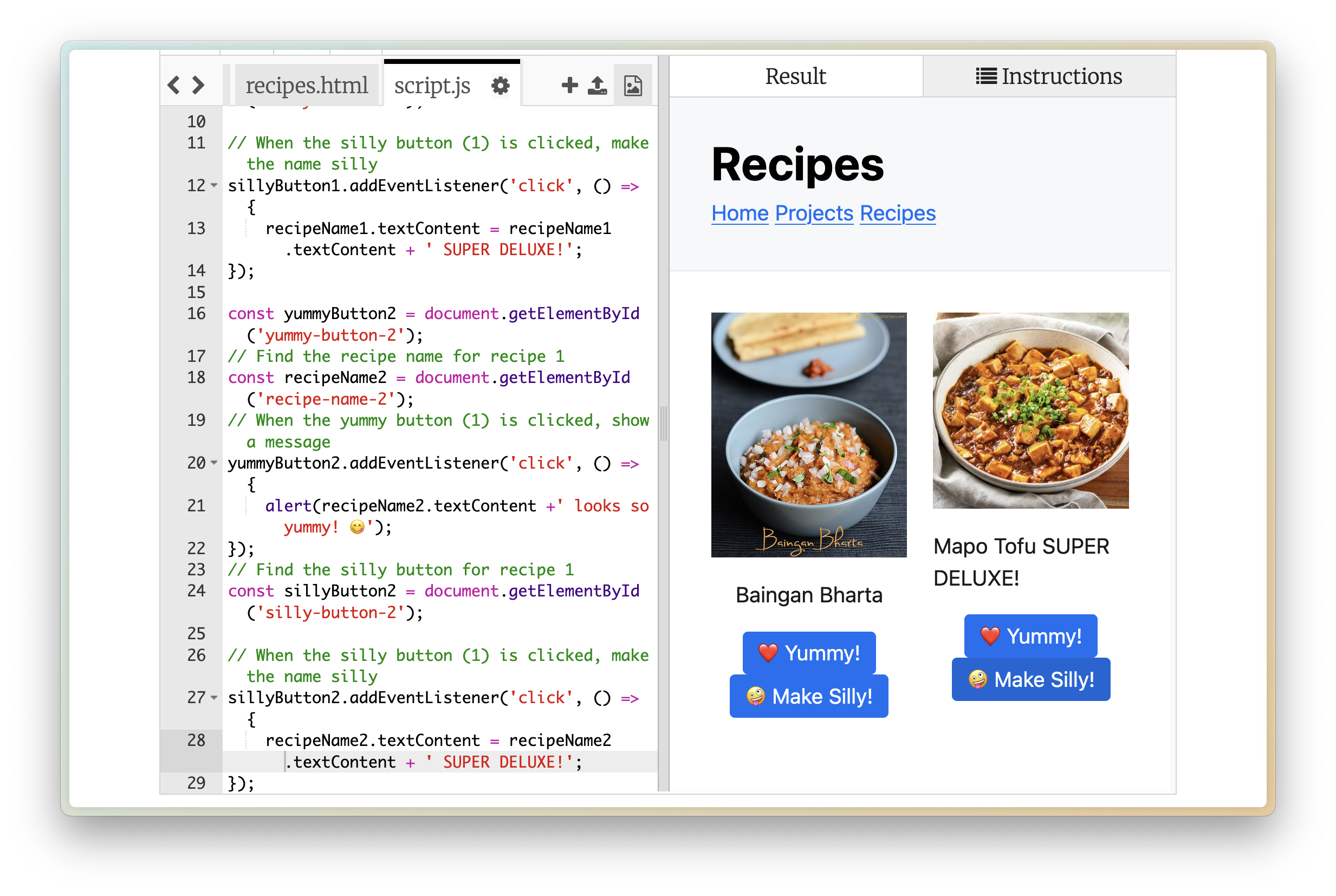 Buttons on Second Recipe